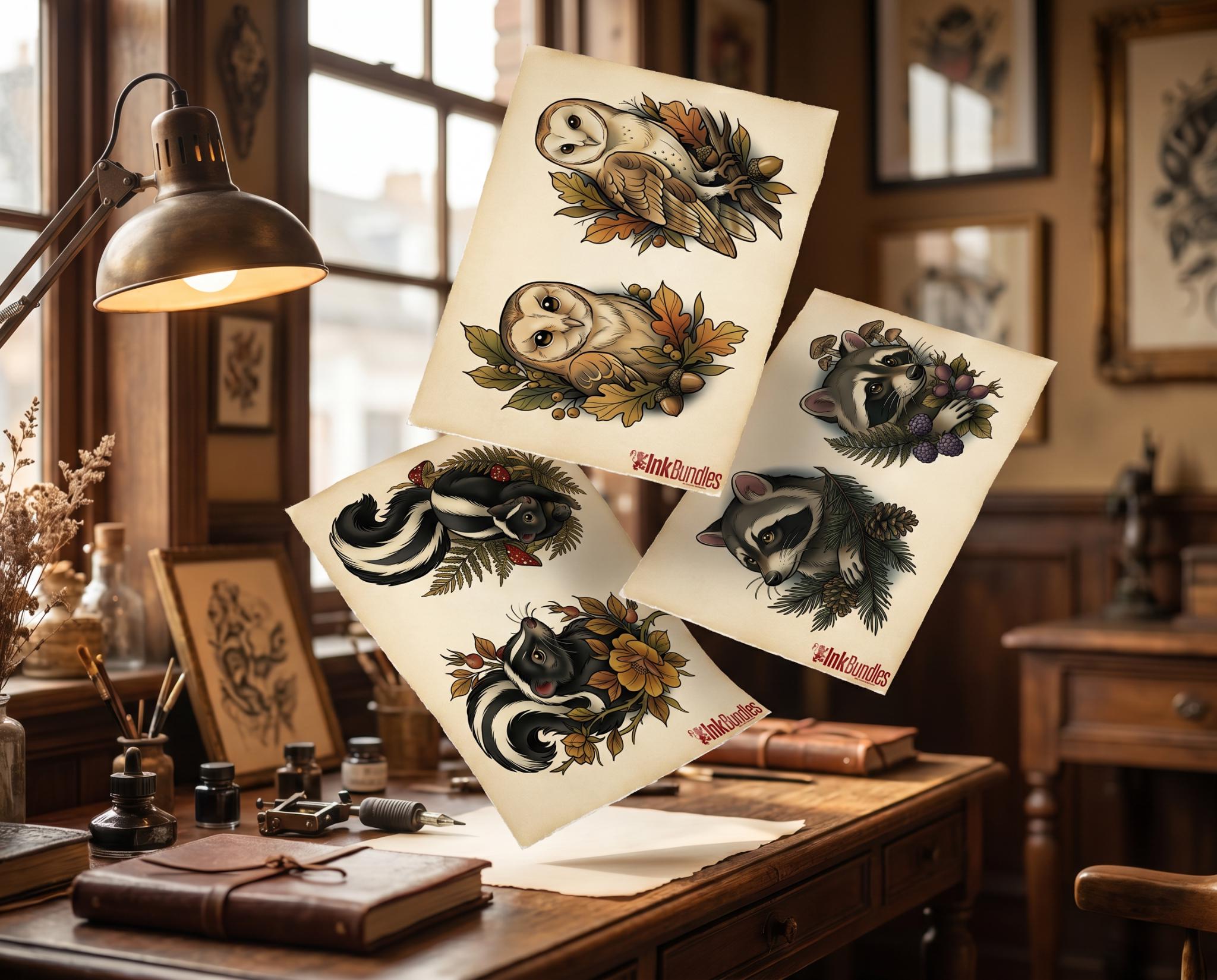 Neo Traditional Tattoo Bundle | The Enchanted Forest | Procreate + PNG | Wildlife tattoo stencils / pdf | Digital Download