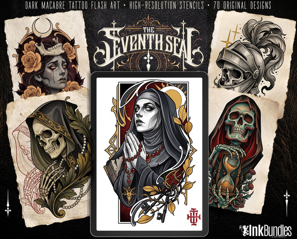 Seventh Seal, Dark Macabre Tattoo Art, Neo-Traditional Procreate Stamps, Tattoo Stencils