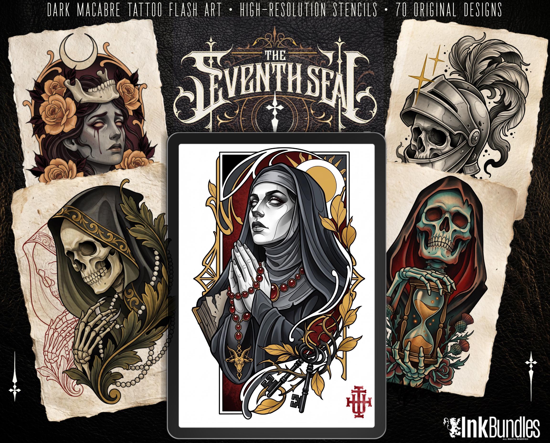 Seventh Seal, Dark Macabre Tattoo Art, Neo-Traditional Procreate Stamps, Tattoo Stencils