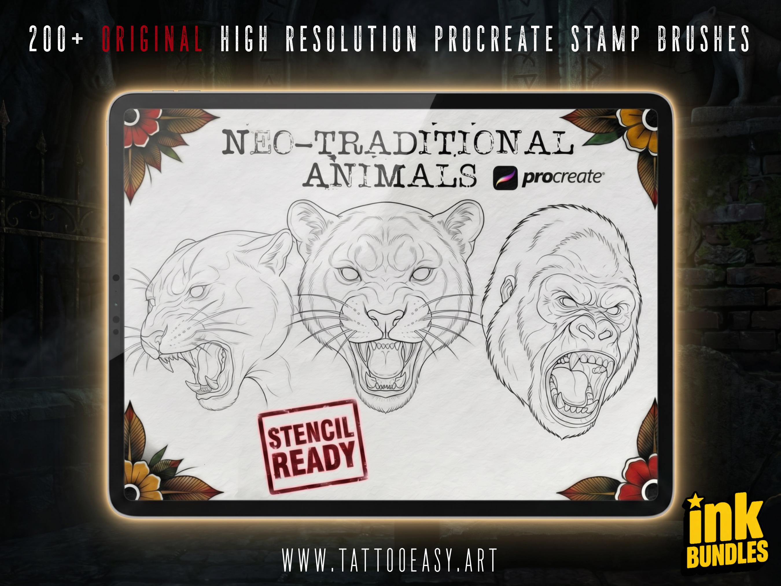 Neo Traditional Animal Tattoo Design Reference Kit, Procreate Brushset & PNG, Flash Stamps for Artists