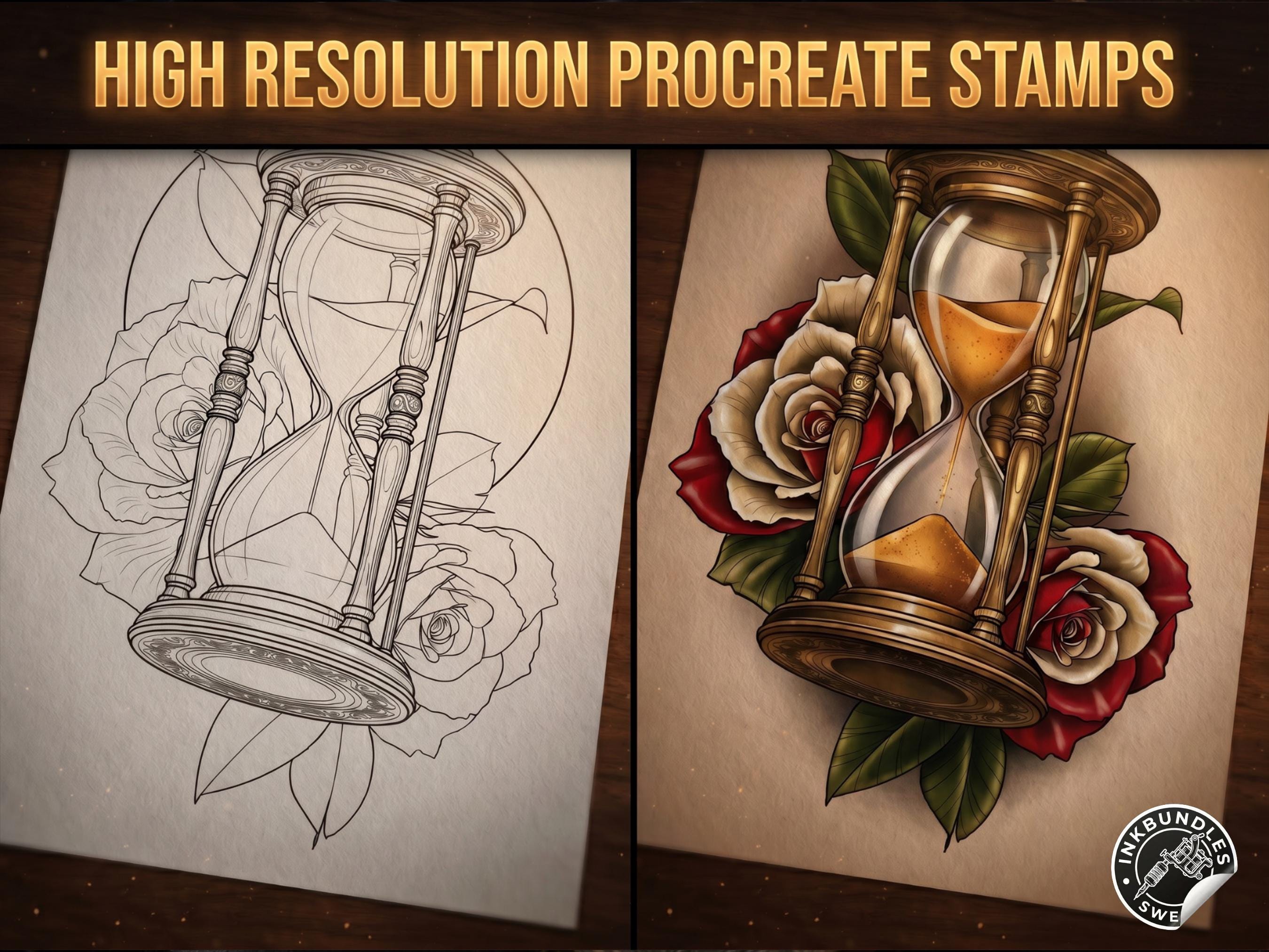 Clock Compass Procreate Brushes, Pocket Watch Tattoo Stencils, Timepiece Stamps Digital Download