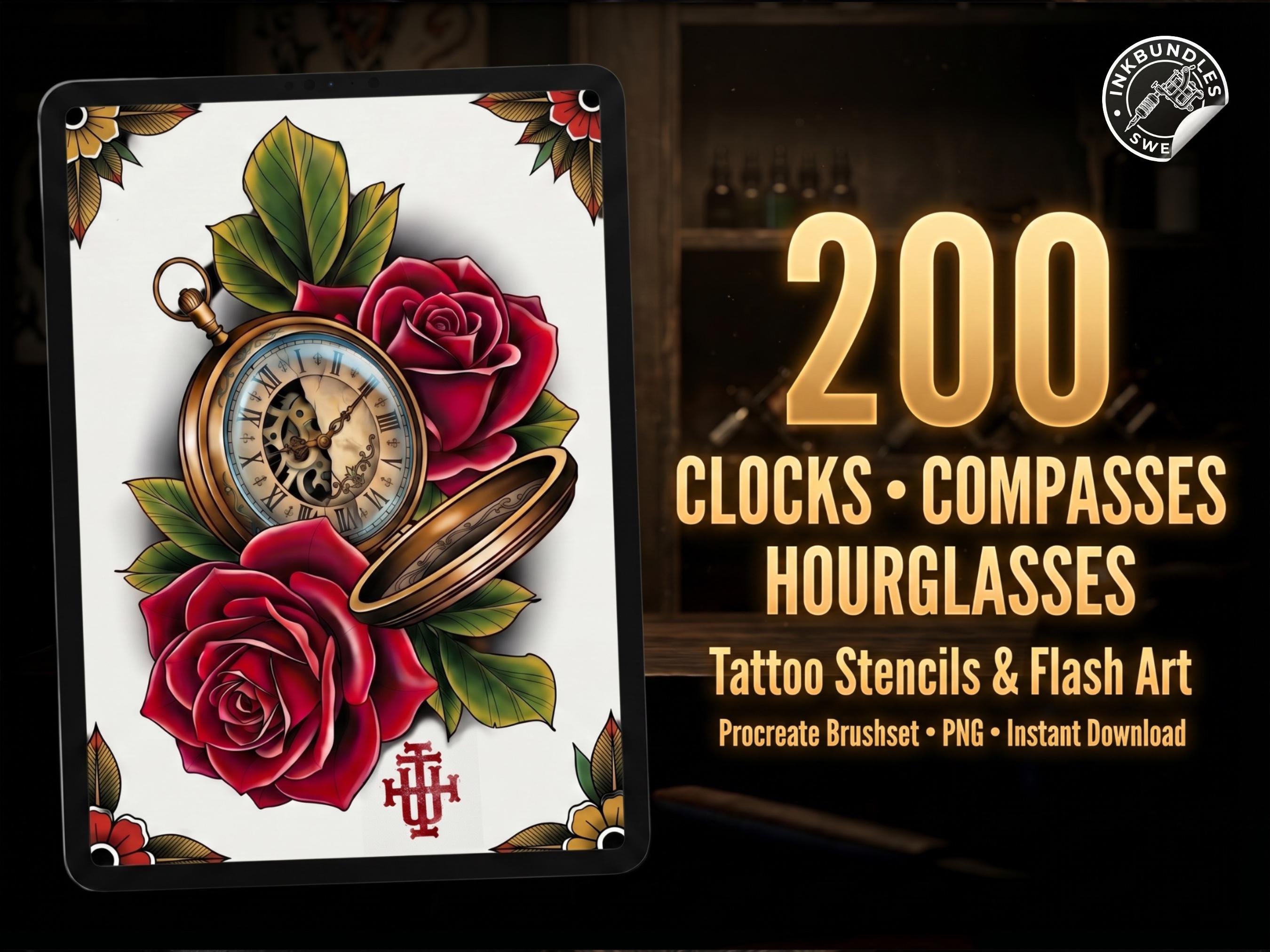 Clock Compass Procreate Brushes, Pocket Watch Tattoo Stencils, Timepiece Stamps Digital Download