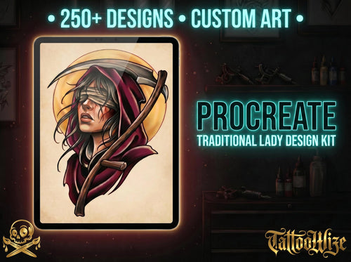 250+ Traditional Tattoo Lady Creator for Procreate | Old School Flash Stencils, DIY Assets & Brushset