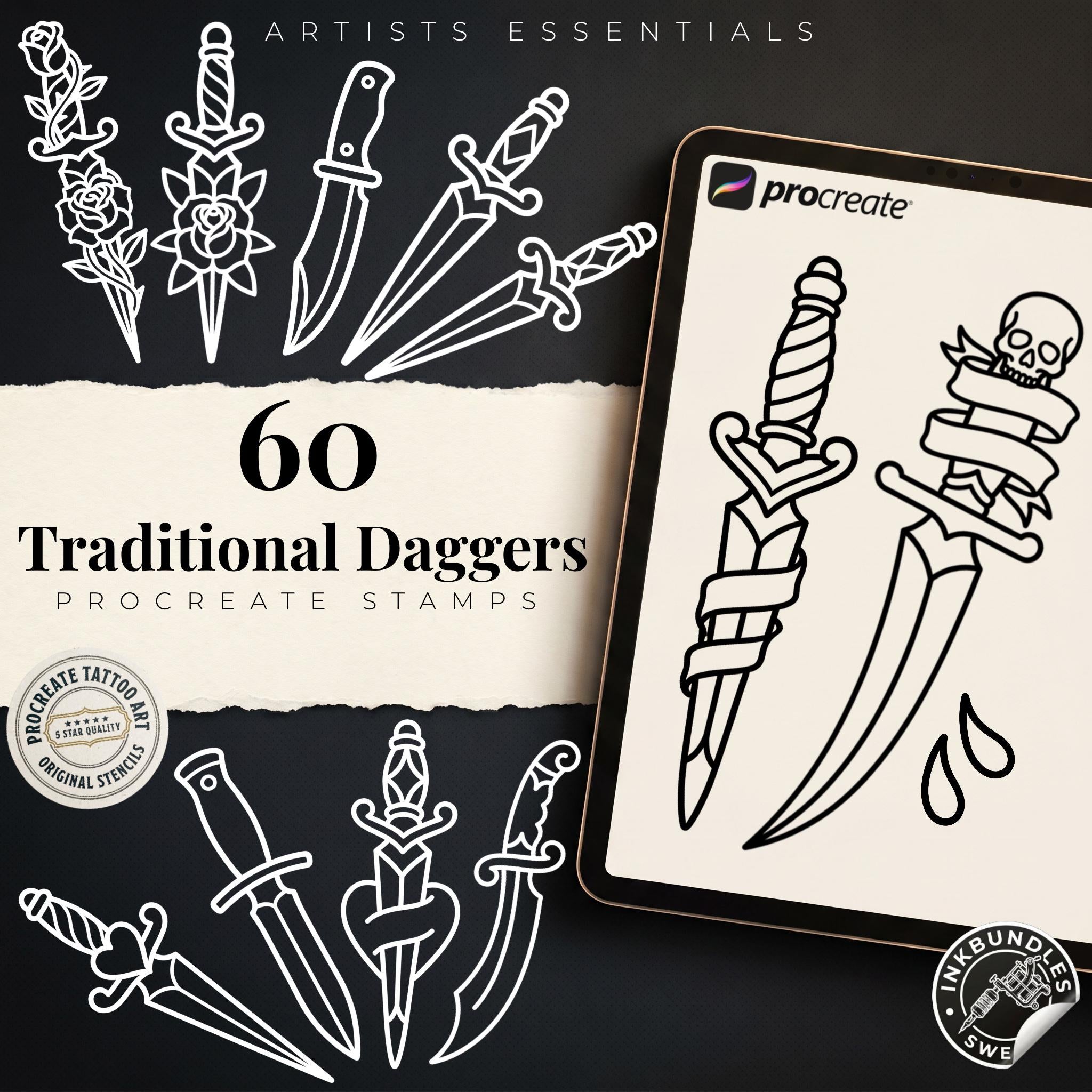 Procreate Traditional Daggers, 60 Old school Stencils / References / Tattoo essentials