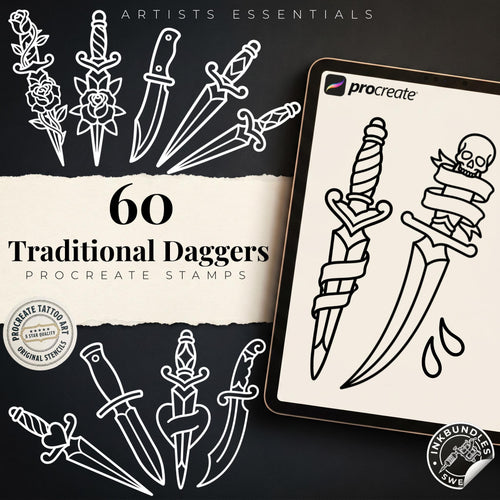 Procreate Traditional Daggers, 60 Old school Stencils / References / Tattoo essentials