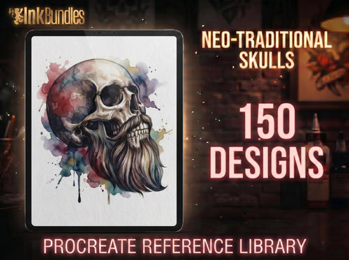 150 Neo-Traditional Skull Brushes for Procreate | Tattoo Skull Stamps, Dark Art Elements & Design Assets
