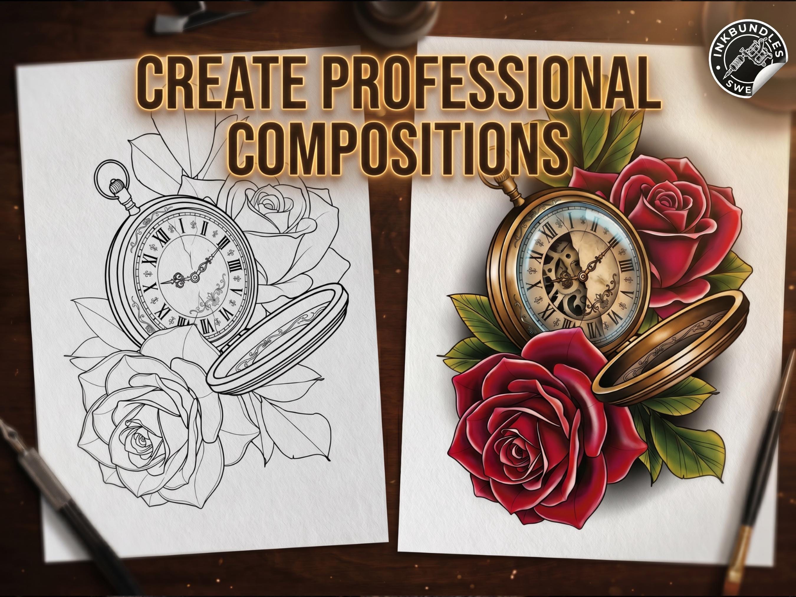 Clock Compass Procreate Brushes, Pocket Watch Tattoo Stencils, Timepiece Stamps Digital Download