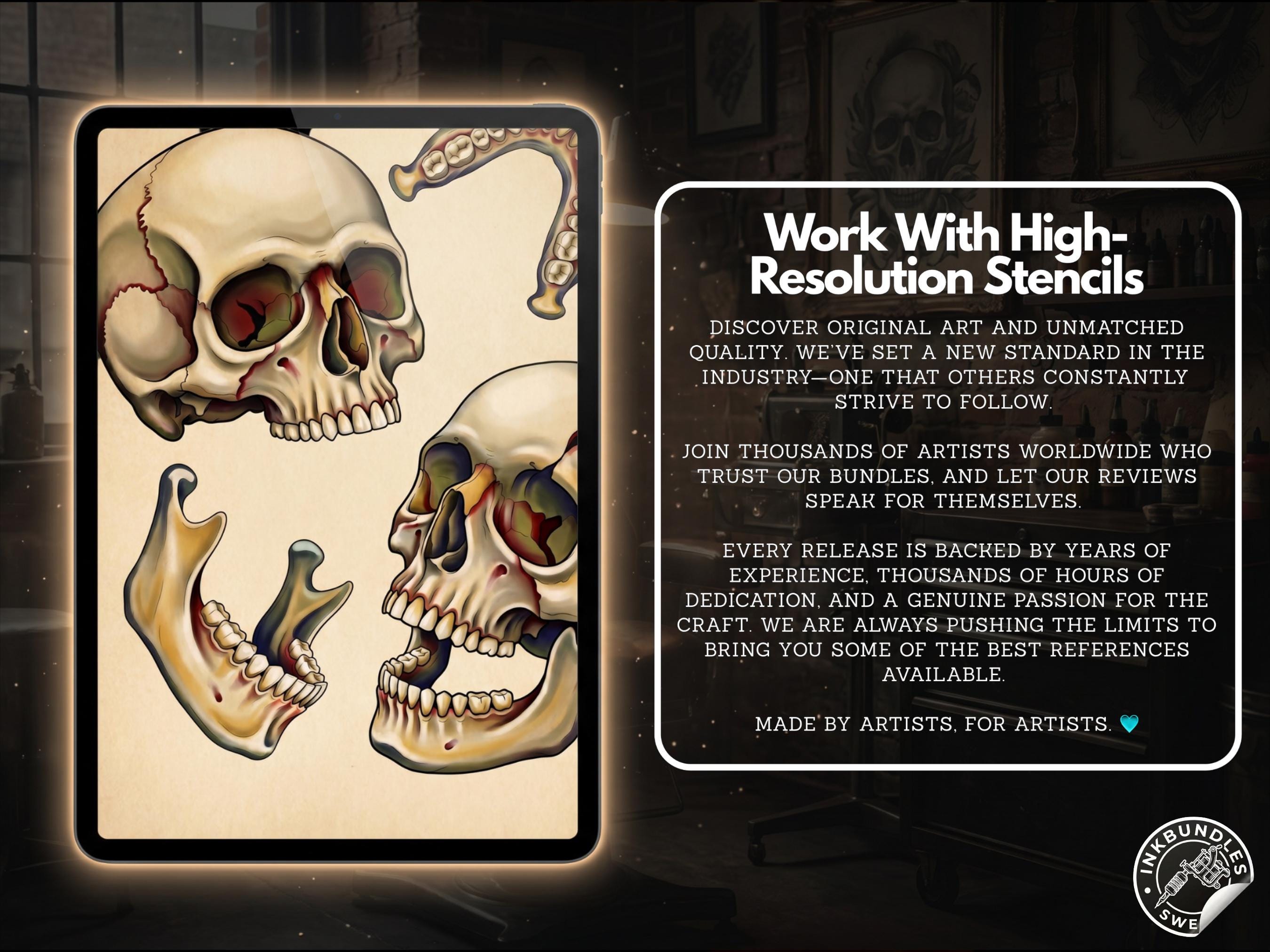 150 Neo-Traditional Skull Brushes for Procreate | Tattoo Skull Stamps, Dark Art Elements & Design Assets