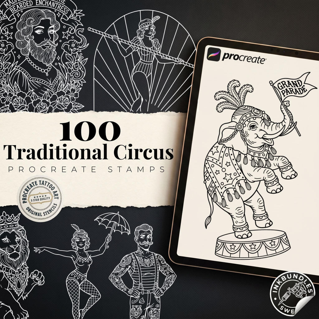 Procreate, png & PDF Tattoo Stamp Brushes, The Circus (100+ Designs) - (Digital Download)