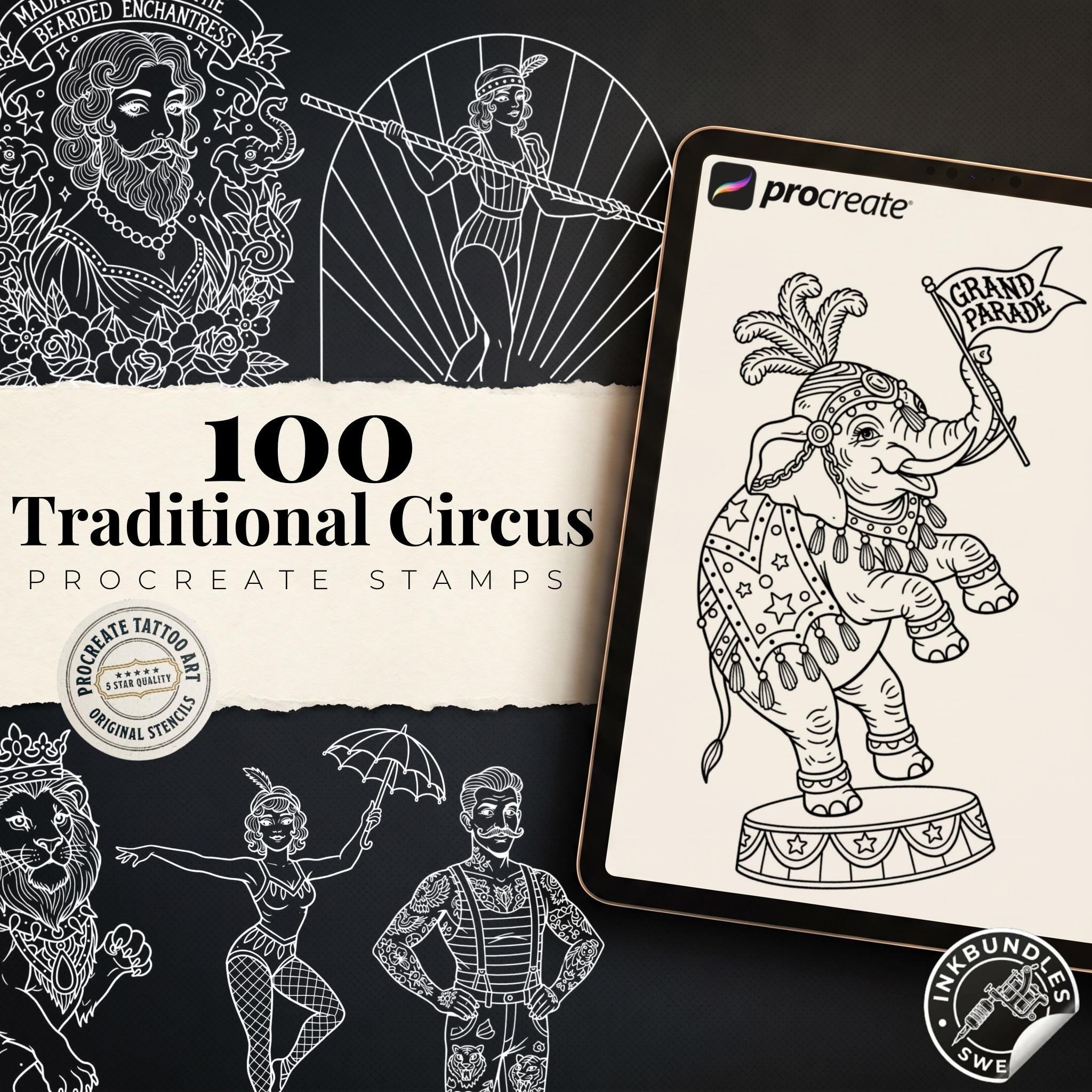 Procreate, png & PDF Tattoo Stamp Brushes, The Circus (100+ Designs) - (Digital Download)