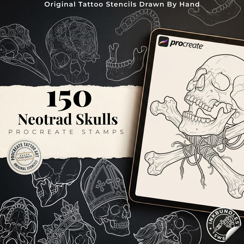 150 Neo-Traditional Skull Brushes for Procreate | Tattoo Skull Stamps, Dark Art Elements & Design Assets