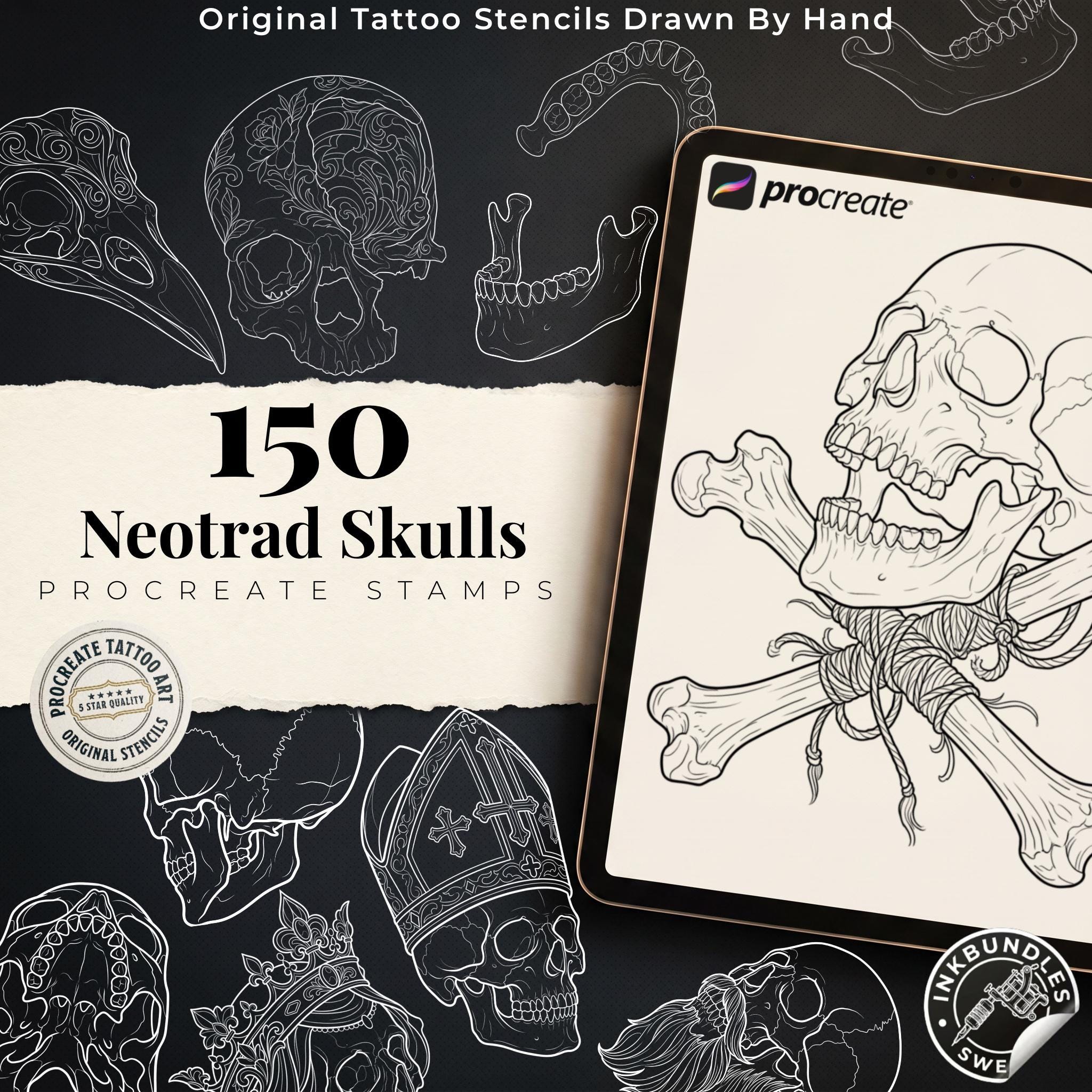 150 Neo-Traditional Skull Brushes for Procreate | Tattoo Skull Stamps, Dark Art Elements & Design Assets