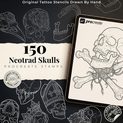 150 Neo-Traditional Skull Brushes for Procreate | Tattoo Skull Stamps, Dark Art Elements & Design Assets